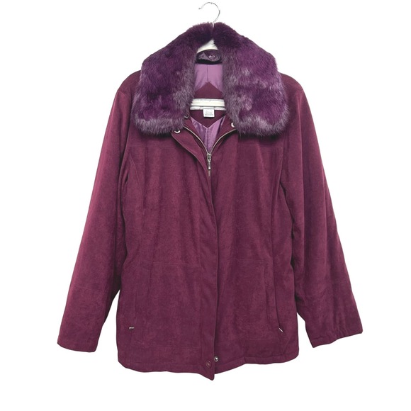 I Madison Jacket M Purple Faux Suede Rabbit Fur Collar Quiet Luxury Winter Coat - Picture 1 of 9